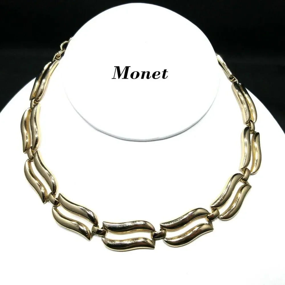 Vintage Monet Medley Necklace Book Piece, Gold Plated Choker 1950s Jewelry 14.5